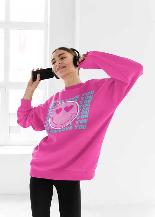 Pink Love You Smiley Face Crew Neck Sweatshirt